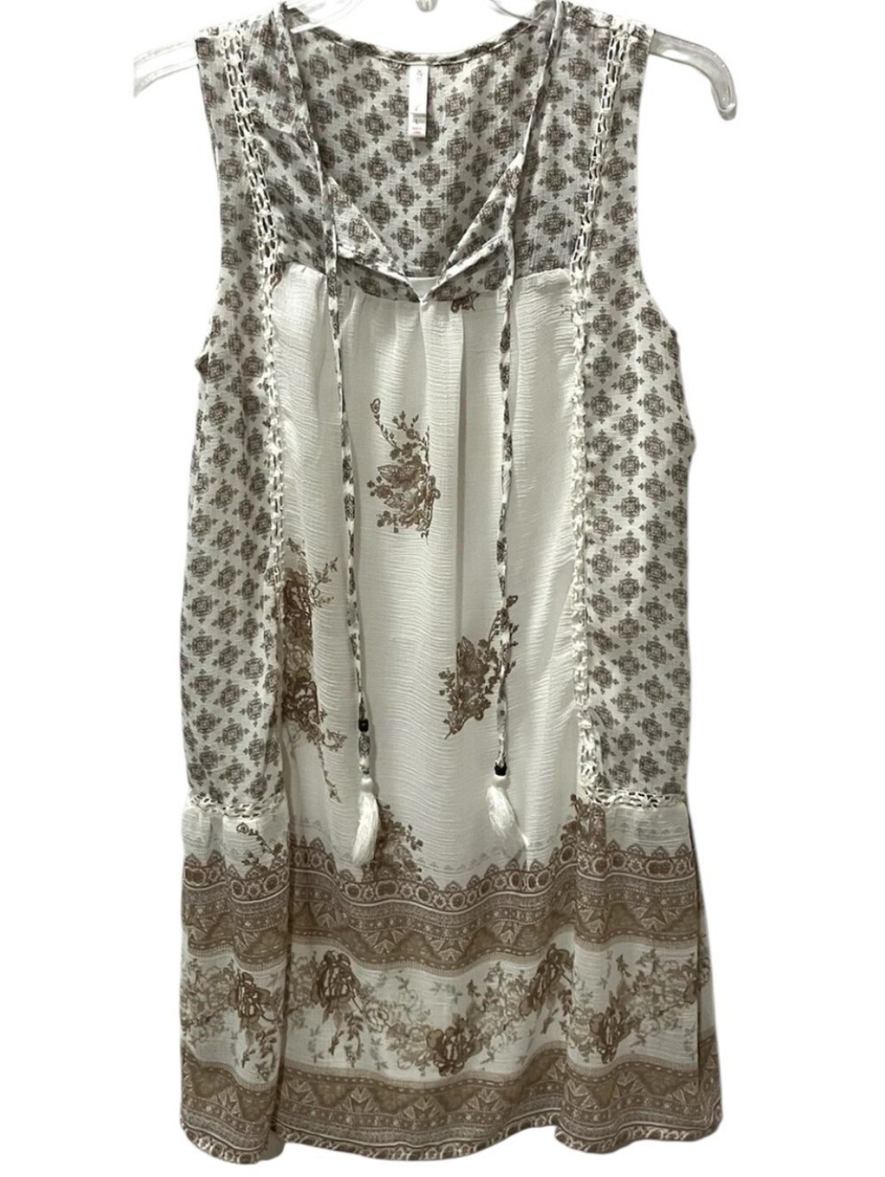 Boho Ivory & Brown Floral Printed Sleeveless Dress